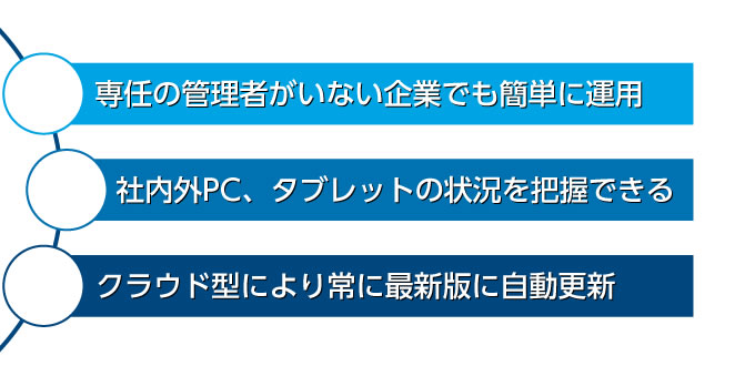 専任の管理者がいない企業でも簡単に運用。社内外のPC,タブレットの状況を把握できる。クラウド型により常に最新版に自動更新。